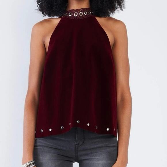 Studded Merlot Red Velvet Halter Babydoll Top - EUC - Size S - Picture 2 of 11